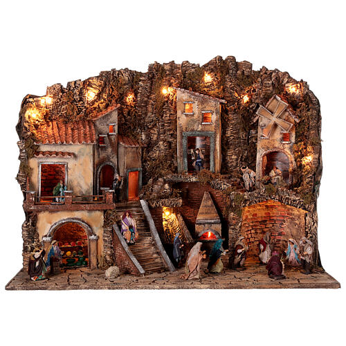 Neapolitan Nativity Scene with lights, mill, waterfall, oven and characters of 10 cm 80x100x60 cm 1