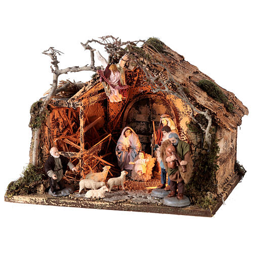 Wood and cork stable for Neapolitan Nativity Scene with 12-14 cm characters, illuminated, 30x40x30 cm 3