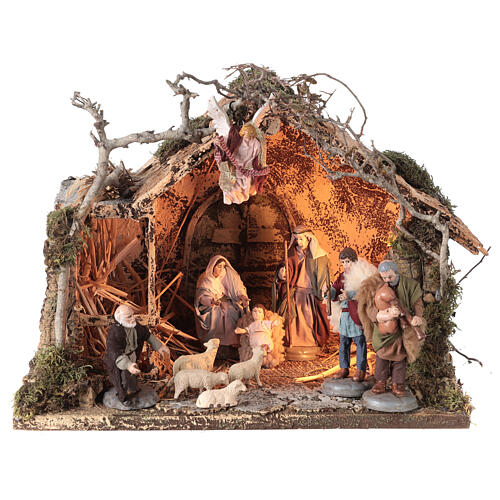 Capanna presepe napoletano 12-14 cm legno sughero illuminato 30X40X30 cm 1