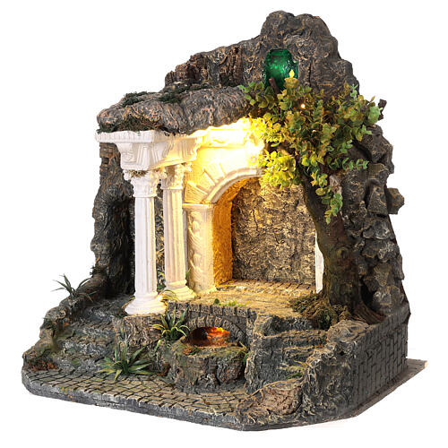 Temple with columns and brook for Neapolitan Nativity Scene with 8-10 cm characters, illuminated by LEDs, 55x55x45 cm 3