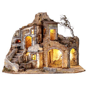 Rustic house with fountain and oven, LED lights, for Nativity Scene with 12 cm characters, 55x70x40 cm