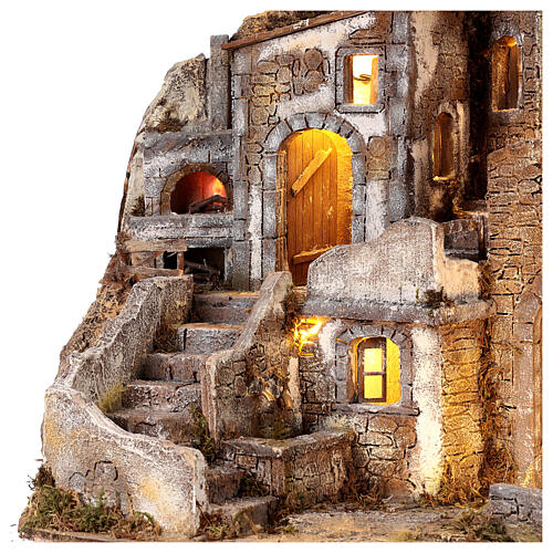 Rustic house with fountain and oven, LED lights, for Nativity Scene with 12 cm characters, 55x70x40 cm 2