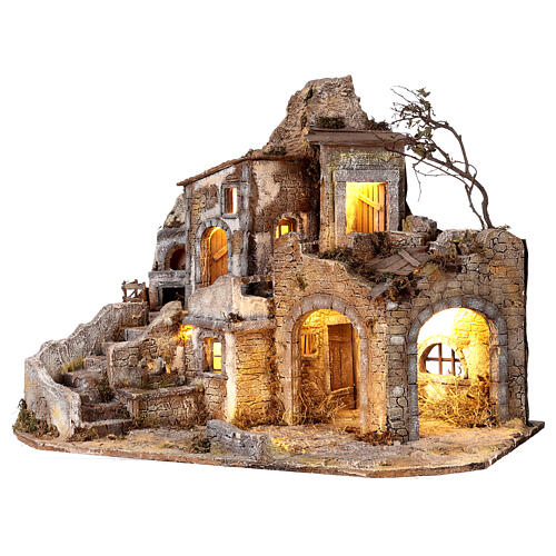 Rustic house with fountain and oven, LED lights, for Nativity Scene with 12 cm characters, 55x70x40 cm 4