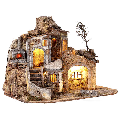 Rustic house with fountain and oven, LED lights, for Nativity Scene with 12 cm characters, 55x70x40 cm 6