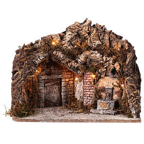 Setting with cave and fountain, lights, for Nativity Scene with 8 cm characters, 30x35x25 cm