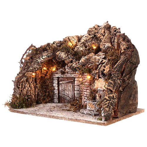 Setting with cave and fountain, lights, for Nativity Scene with 8 cm characters, 30x35x25 cm 3