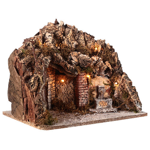 Setting with cave and fountain, lights, for Nativity Scene with 8 cm characters, 30x35x25 cm 4