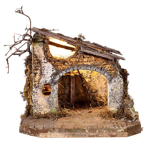 Illuminated rustic stable for Nativity Scene with 8 cm characters 20x25x25 cm 1