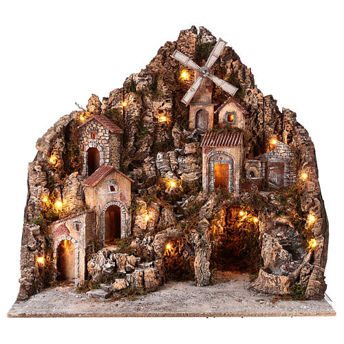 Nativity setting for 6-10 cm characters, brook oven mill and lights, 75x75x65 cm 1