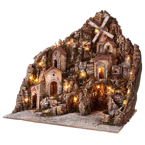 Nativity setting for 6-10 cm characters, brook oven mill and lights, 75x75x65 cm 4