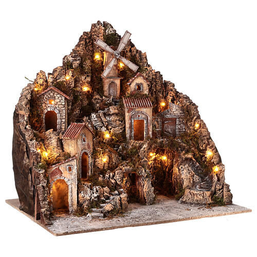 Belén 6-10 cm madera arroyo horno molino y luces 75x75x65 cm 7