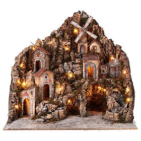 Nativity village for 6-10 cm statues wood stream oven mill lights 75x75x65 cm