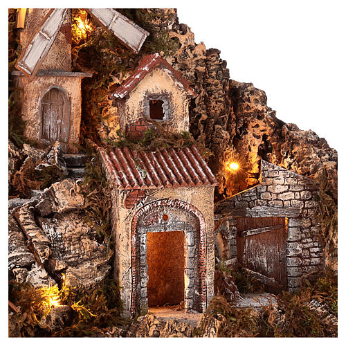 Nativity village for 6-10 cm statues wood stream oven mill lights 75x75x65 cm 9