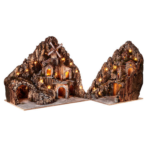 Presépio com 2 módulos ribeira moinho luzes para figuras de 8-10 cm de altura 70x120x50 cm 2