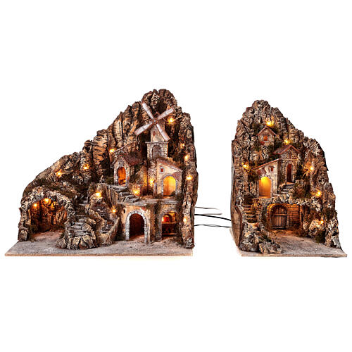 Presépio com 2 módulos ribeira moinho luzes para figuras de 8-10 cm de altura 70x120x50 cm 4