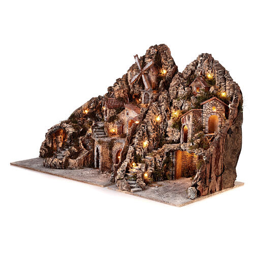 Presépio com 2 módulos ribeira moinho luzes para figuras de 8-10 cm de altura 70x120x50 cm 6