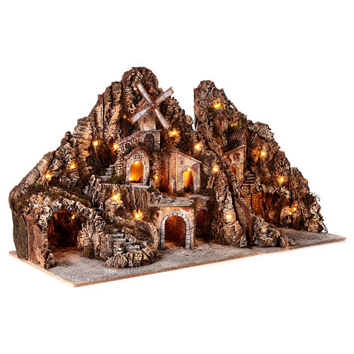 Presépio com 2 módulos ribeira moinho luzes para figuras de 8-10 cm de altura 70x120x50 cm 8