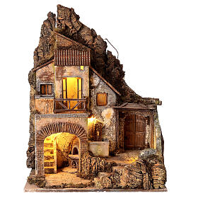 Nativity setting with big house, fountain and oven, 18th century style, for characters of 12 cm, 70x50x40 cm