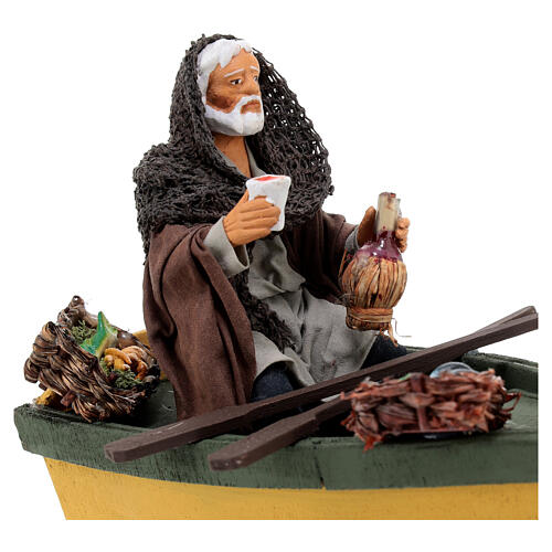 Fisherman in a boat with a flask of wine for Neapolitan Nativity Scene with characters of 13 cm 2