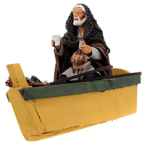 Fisherman in a boat with a flask of wine for Neapolitan Nativity Scene with characters of 13 cm 4