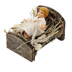 Jesus Child in a wood manger, statue for Neapolitan Nativity Scene with 8 cm characters