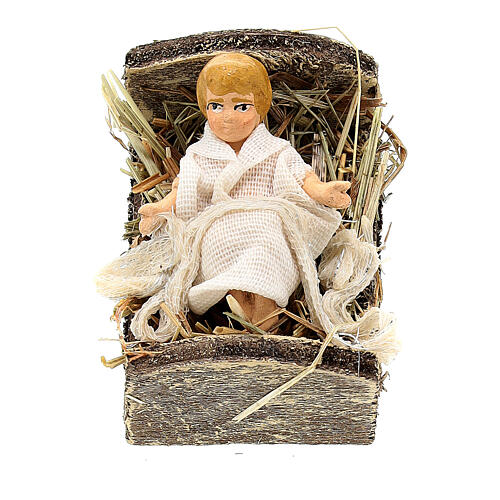 Jesus Child in a wood manger, statue for Neapolitan Nativity Scene with 8 cm characters 1