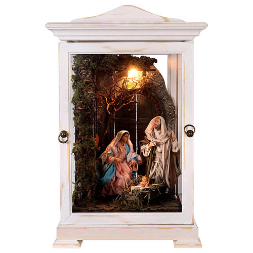 White glass case 50x30x30 cm with 18 cm Holy Family, of Neapolitan Nativity Scene 1