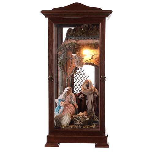 Brown case 60x30x30 cm with 18 cm Holy Family, Neapolitan Nativity Scene 1