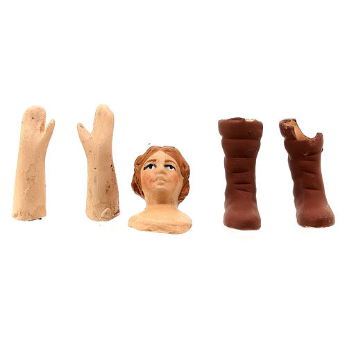 Conjunto cabeça mãos pés para mulher de cabelo castanho claro de 13 cm para presépio napolitano 1