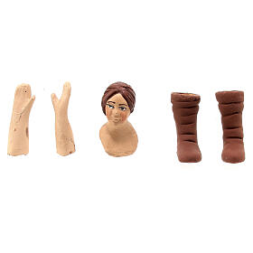 Conjunto cabeça mãos pés para mulher de cabelo castanho escuro de 13 cm para presépio napolitano