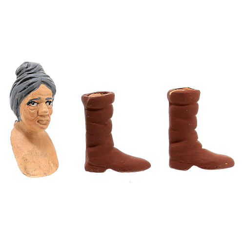 Conjunto cabeça mãos pés para mulher idosa cabelo cinzento de 13 cm para presépio napolitano 3