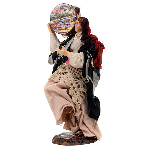 Frau mit Tambourin aus Holz für neapolitanische Krippe, 13 cm 2
