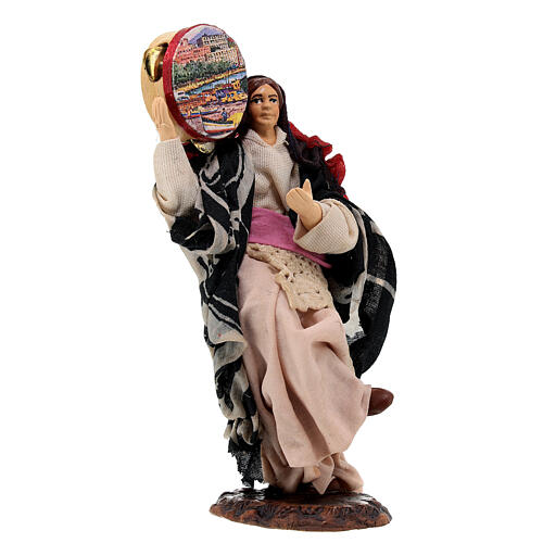 Figura mulher de terracota com tamborim de madeira para presépio napolitano de 13 cm 3