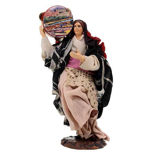 Woman with tambourine statue in wood 13 cm Neapolitan nativity scene 1