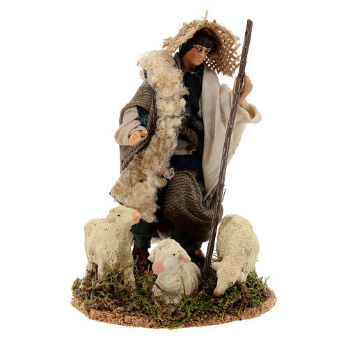 Figura jovem pastor com ovelhas para presépio napolitano com peças de terracota de 12 cm 1