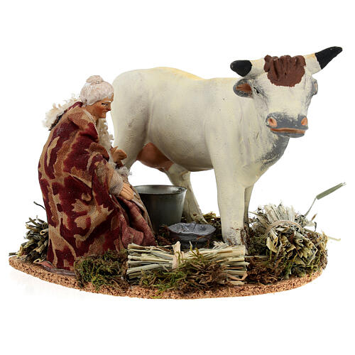 Figura mulher ordenhando uma vaca para presépio napolitano com peças de terracota de 12 cm 1