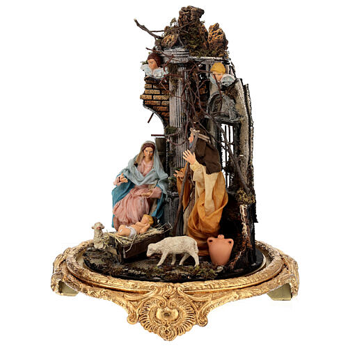 Nativity under a glass dome of Baroque style 30x40 cm Neapolitan Nativity Scene characters of 18 cm 3