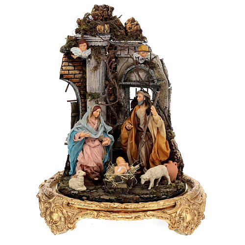 Holy Family set Baroque style 18 cm glass bell 30x40 cm Naples nativity 1