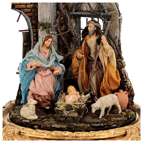 Holy Family set Baroque style 18 cm glass bell 30x40 cm Naples nativity 2