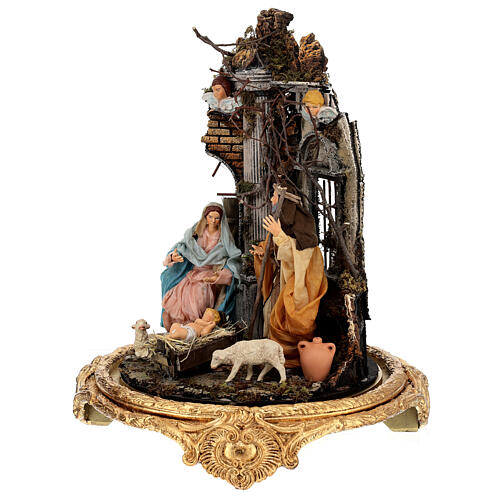 Holy Family set Baroque style 18 cm glass bell 30x40 cm Naples nativity 3