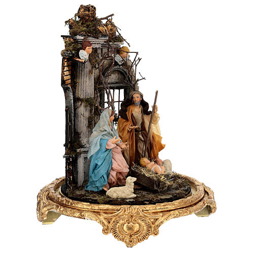 Holy Family set Baroque style 18 cm glass bell 30x40 cm Naples nativity 5