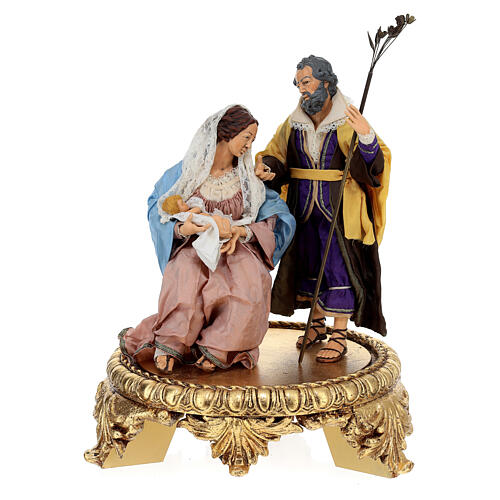 Holy Family on round golden Baroque base, Neapolitan Nativity Scene of 30 cm 1