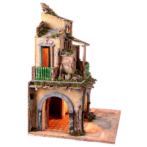 Krippenszenerie, Bauernhaus mit 2 Öfen, Brunnen und Beleuchtung, neapolitanischer Stil des 18 Jahrhunderts, für 16-18 cm Figuren, 70x60x50 cm 9