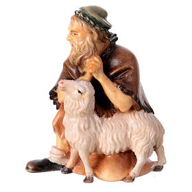 Shepherd kneeling with sheep, 10 cm nativity Original Shepherd model, in painted Valgardena wood