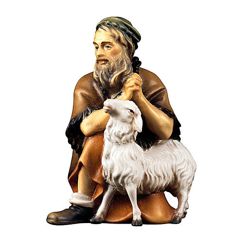 Shepherd kneeling with sheep, 10 cm nativity Original Shepherd model, in painted Valgardena wood 1