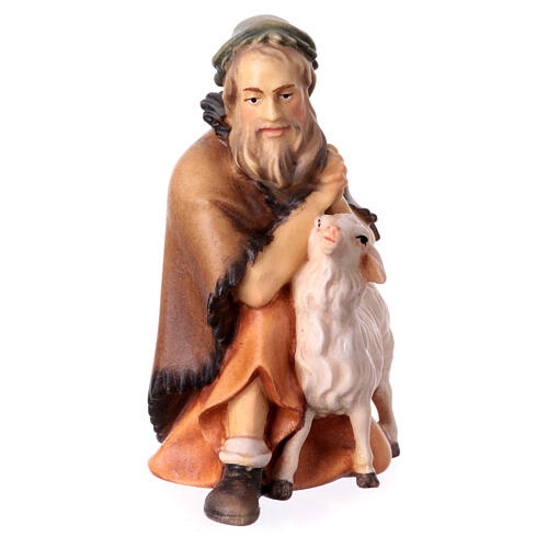 Kneeling shepherd with sheep Original Pastore Nativity Scene in painted wood from Val Gardena 12 cm 3