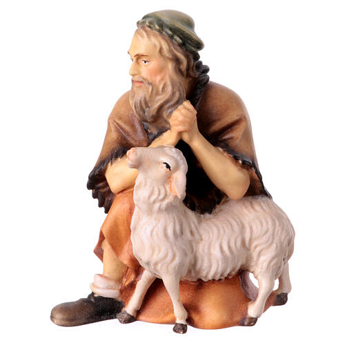 Sheep herder kneeling with sheep, 12 cm nativity Original Shepherd model, in painted Valgardena wood 1