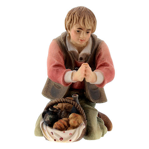 Kneeling shepherd with bread Original Pastore Nativity Scene in painted wood from Val Gardena 10 cm 1