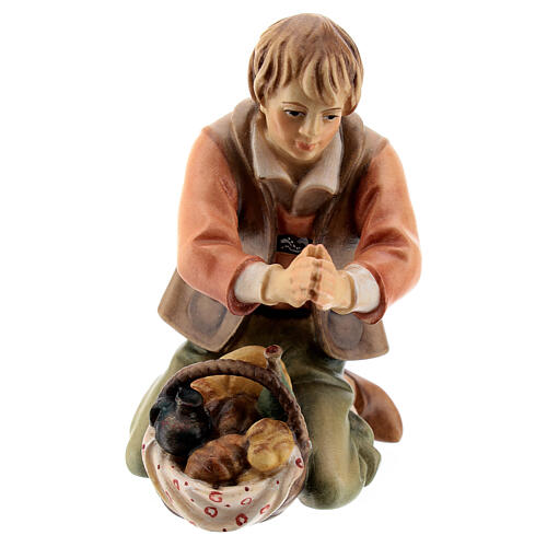 Kneeling shepherd with bread Original Pastore Nativity Scene in painted wood from Val Gardena 12 cm 1