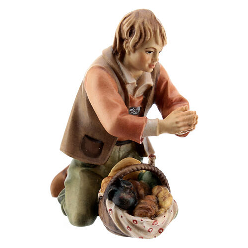 Kneeling shepherd with bread Original Pastore Nativity Scene in painted wood from Val Gardena 12 cm 2